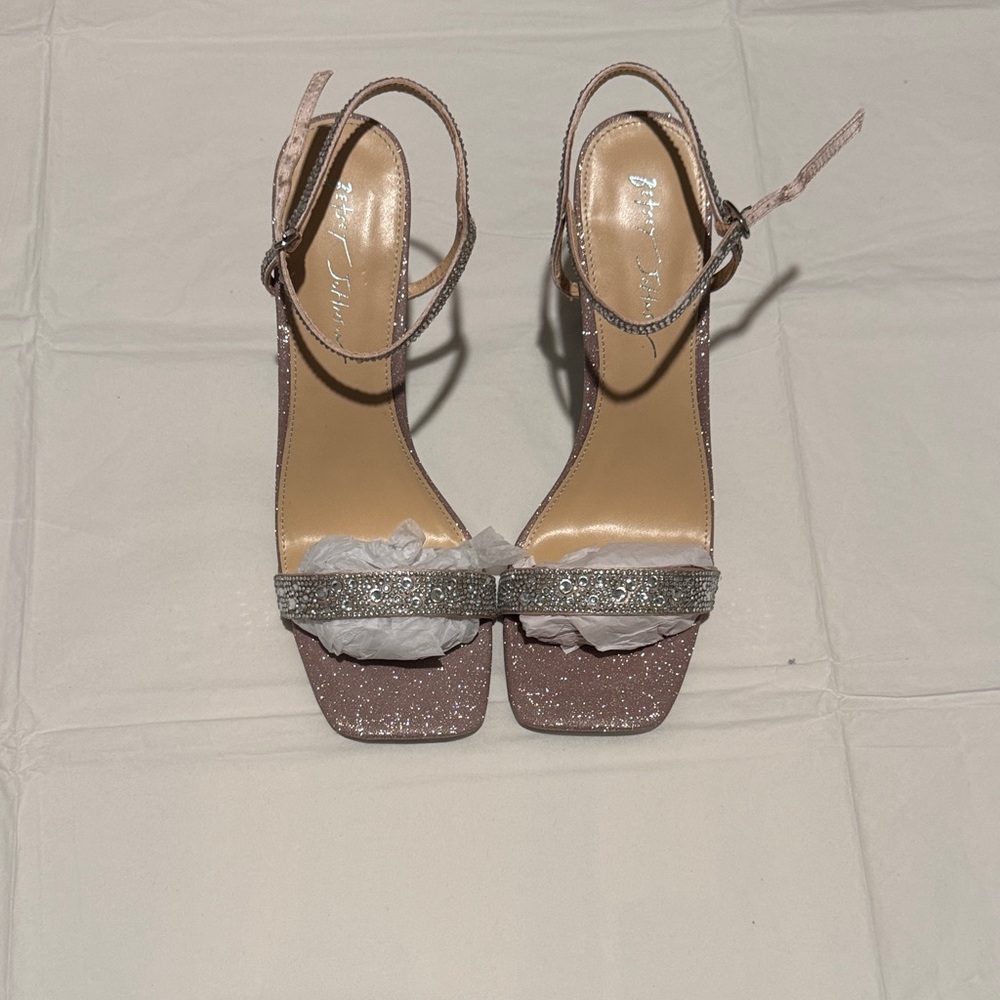 Betsey Johnson Rose Pink Glitter Ankle Strap Sandals with Rhinestone Band